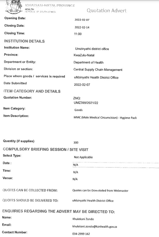 Supply MMC (male medical circumcision) - hygiene pack