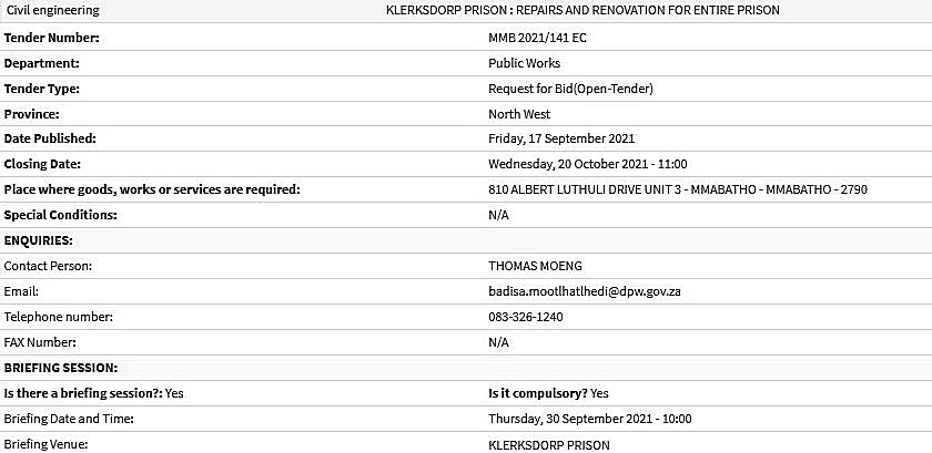 Repair And Renovation For Entire Klerksdorp Prison